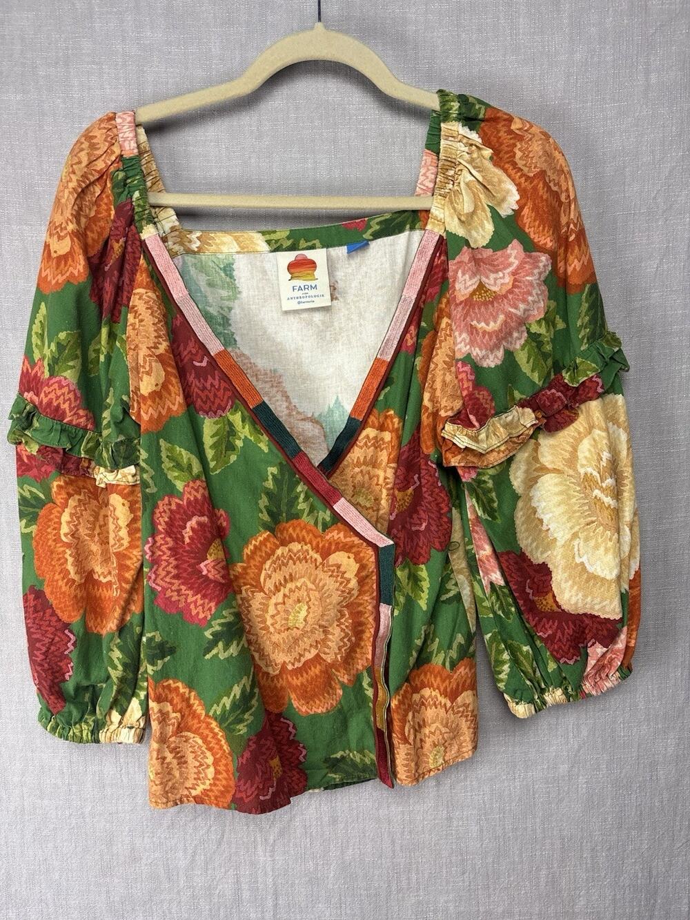 Farm Rio Blouse Womens Small Green Floral Wrap Kimono Belted Boho Top V Neck